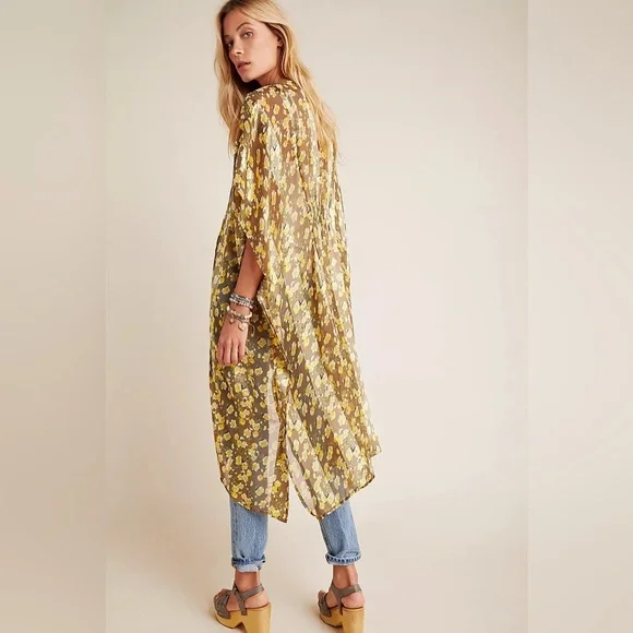 Anthropologie Isolde Floral Kimono with Yellow and Brown Pattern, One size - Picture 2 of 14